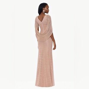 Tamsin Long Metallic Knit Long Sleeve Drape Dress - Champagne - Betsy & Adam